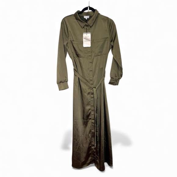 Sedge Apparel Dresses & Skirts - New with tags S’edge Sedge Vesper satin shirt dress in Olive.  Size Small